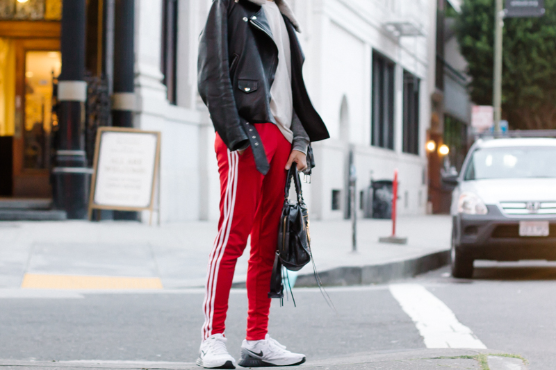 red adidas track pants outfit