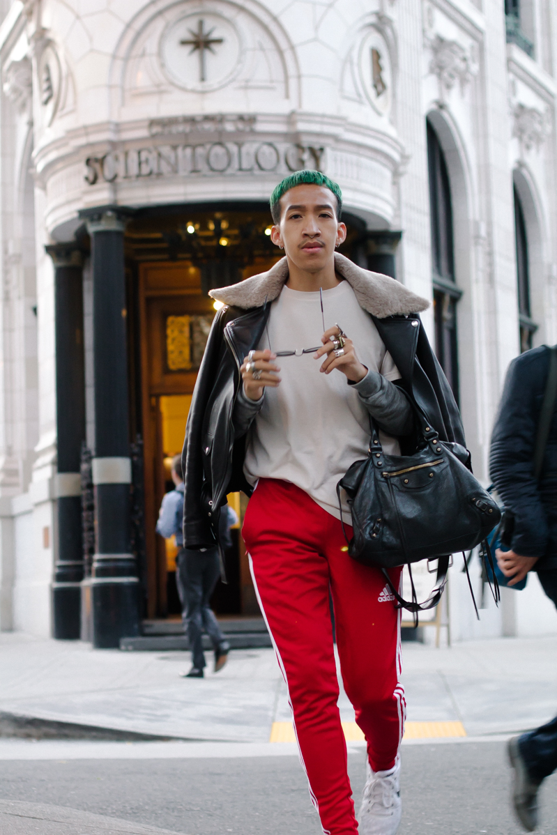 red adidas track pants outfit